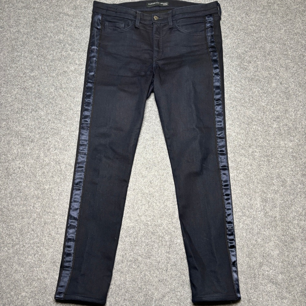 Veronica Beard Brooke 8.5" Skinny Black Satin Tuxedo Side Stripe Jeans Womens 32